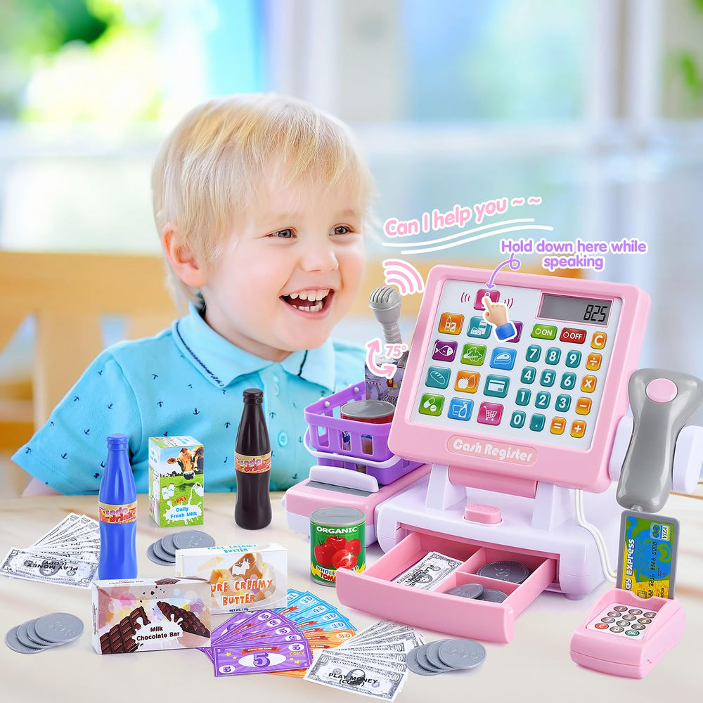 PLAY cash register toy conveyor belt moves items as kids ring up purchases