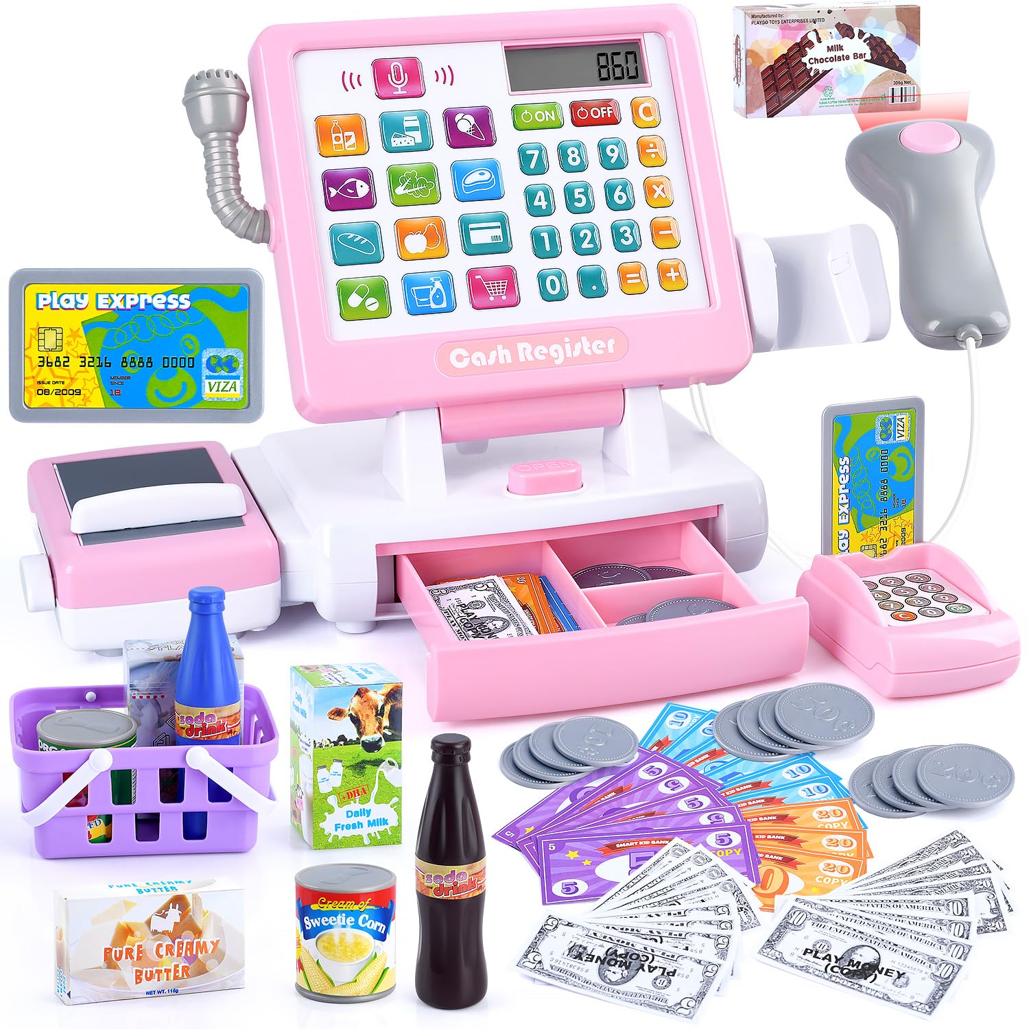 PLAY Kids cash register toy with pink screen and real calculator for early math play