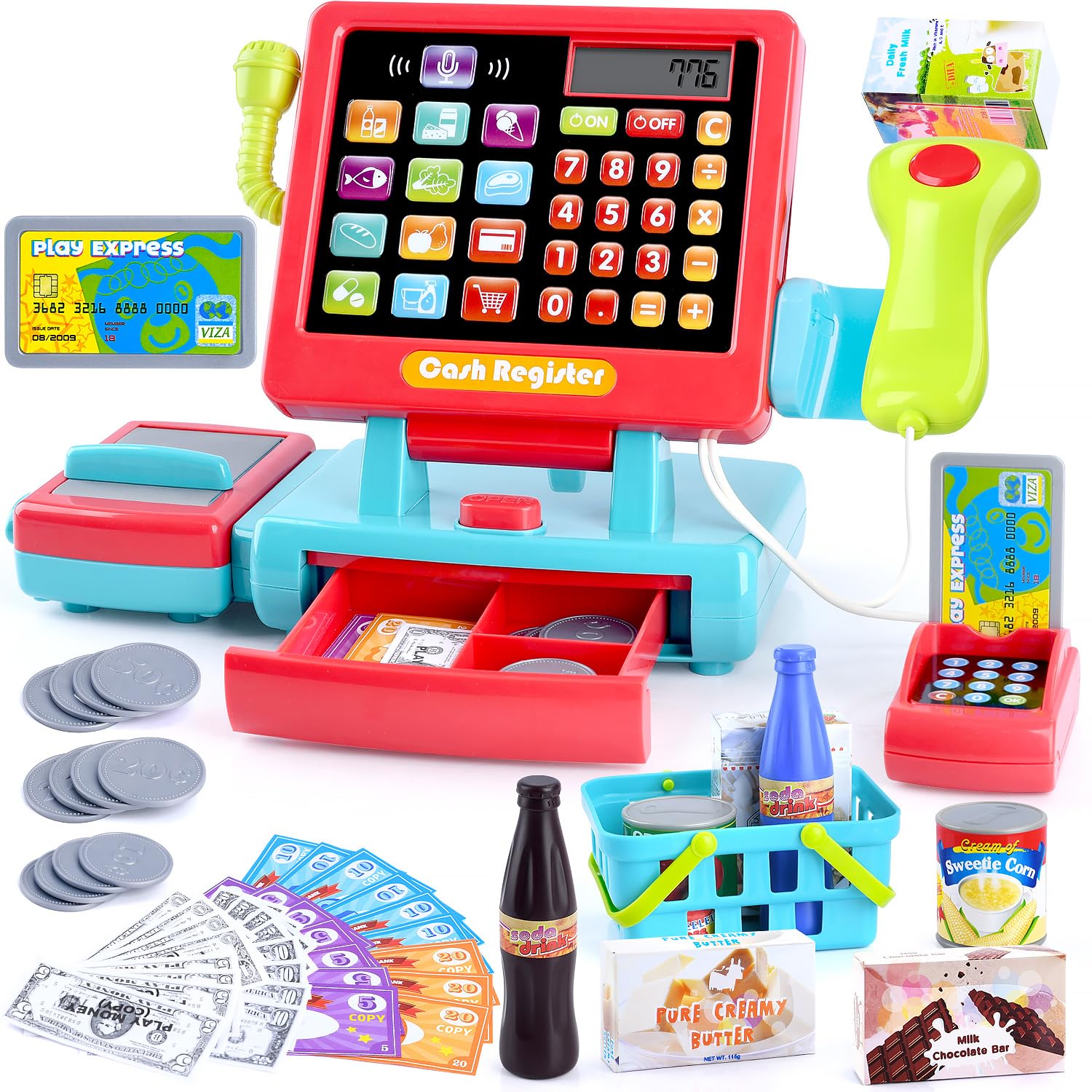 PLAY Kids Cash Register Toy main image showing complete pretend supermarket setup for imaginative play.