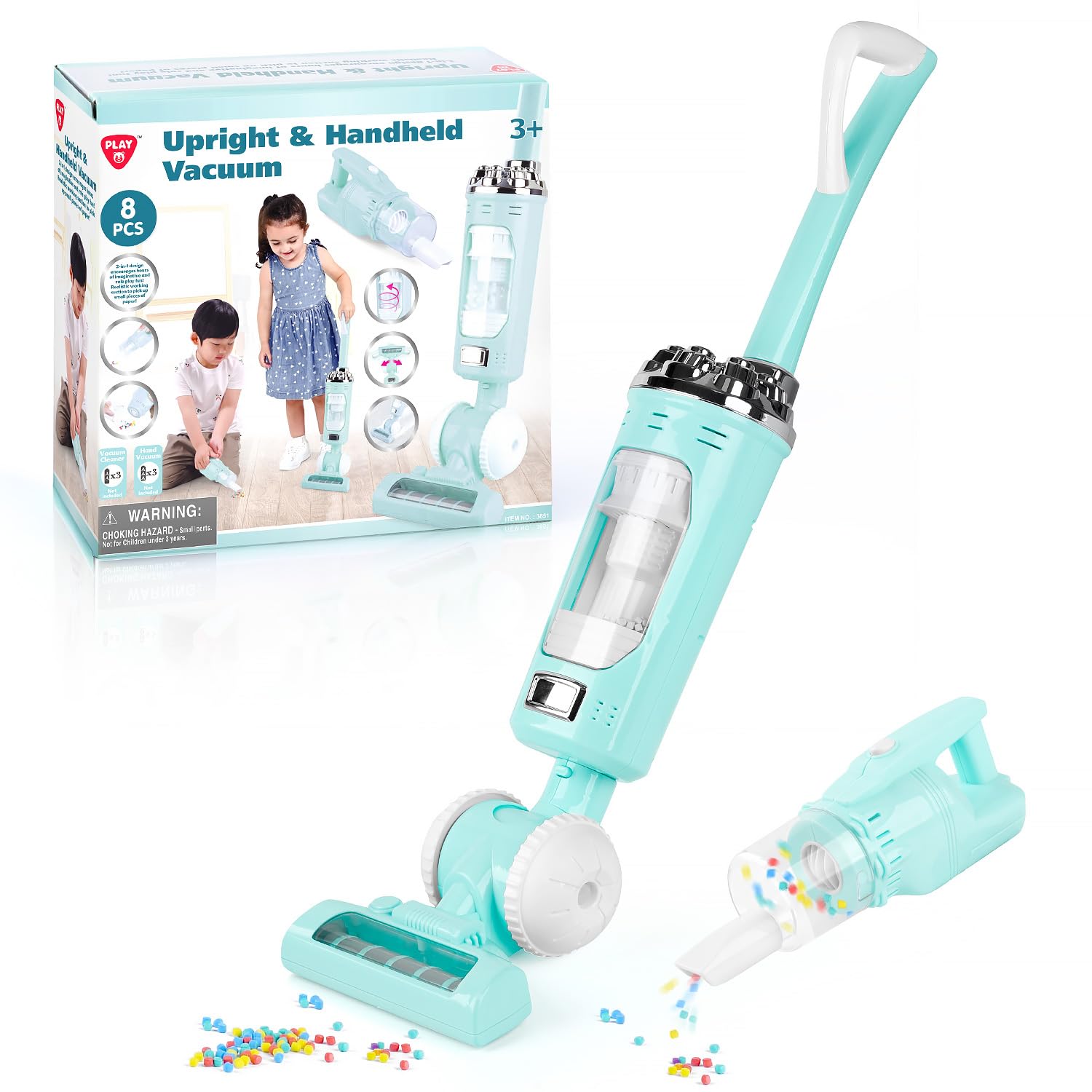PLAY Kids vacuum cleaner toy set dual-mode display for active pretend play.