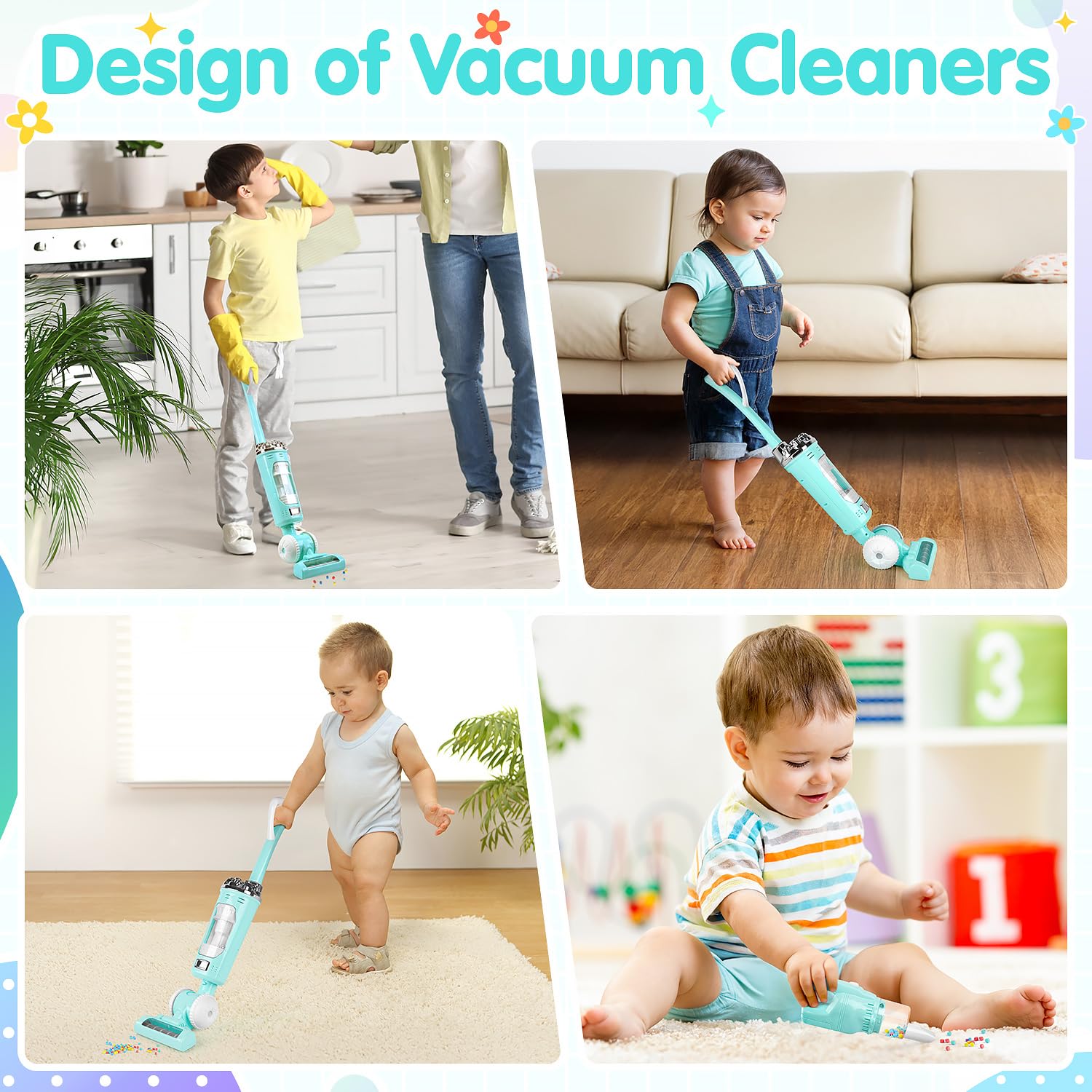 PLAY vacuum toy emits realistic vacuum sound for authentic chores.