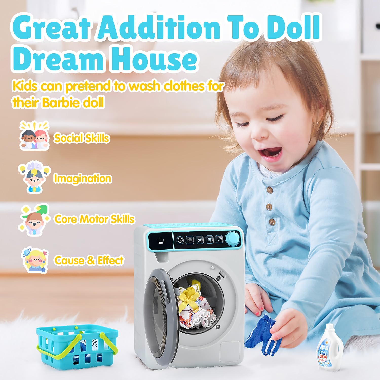 Play Kids Washing Machine drum spin during pretend laundry cycles.