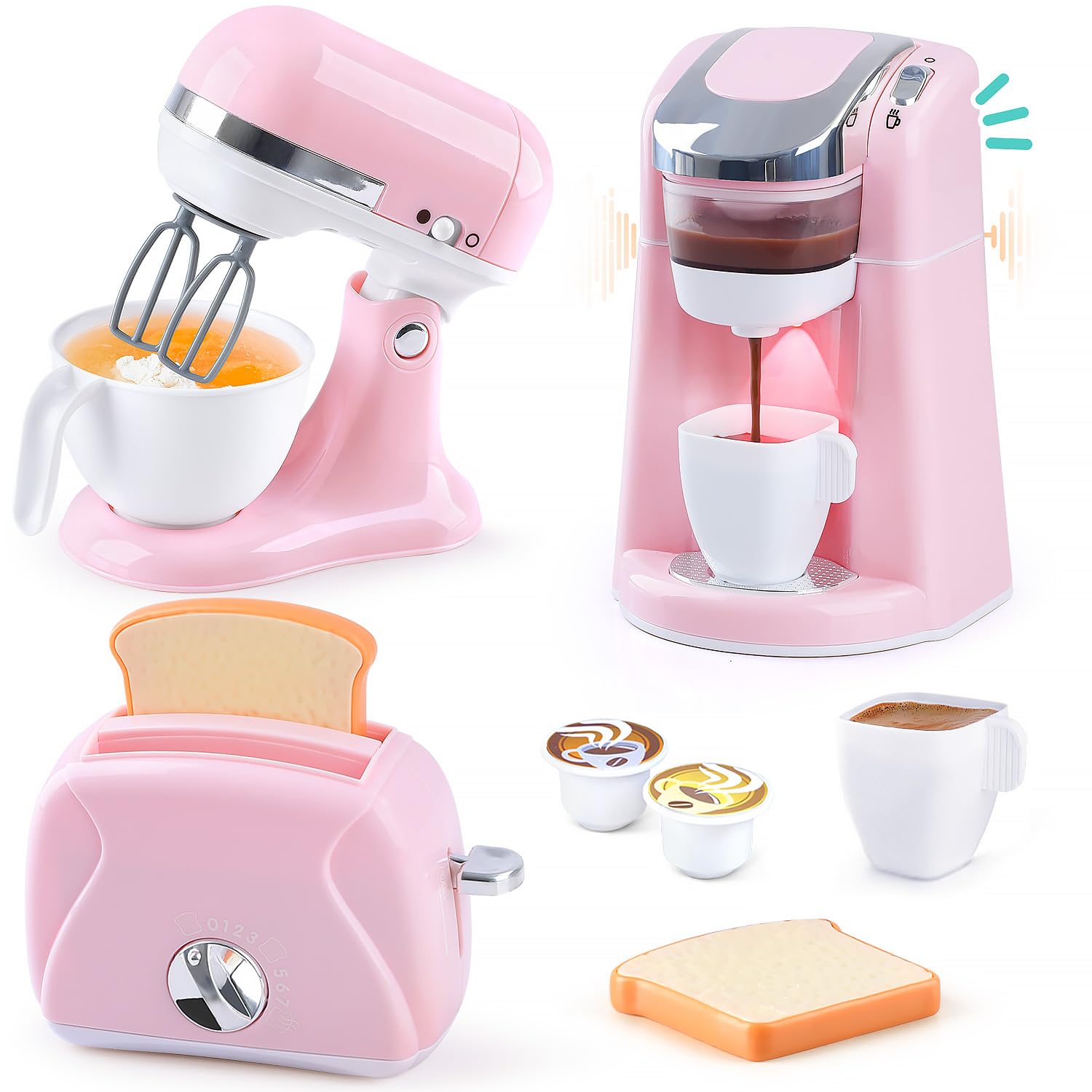Play Kitchen Appliances coffee maker with realistic lights and sounds for imaginative meals.