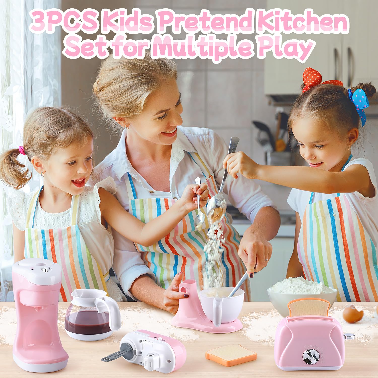 PLAY kitchen toaster with timer triggers real pop-out toast for interactive play.