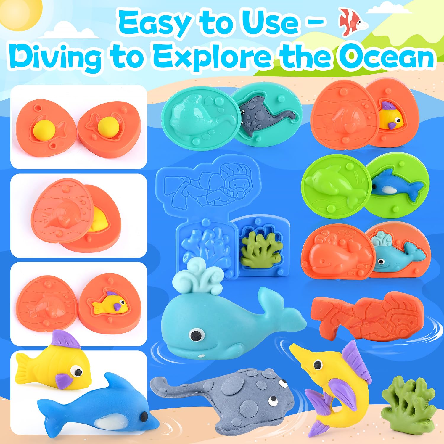 PLAY Ocean Color Dough Kit crab mold encourages creative textures and precise finger movements.