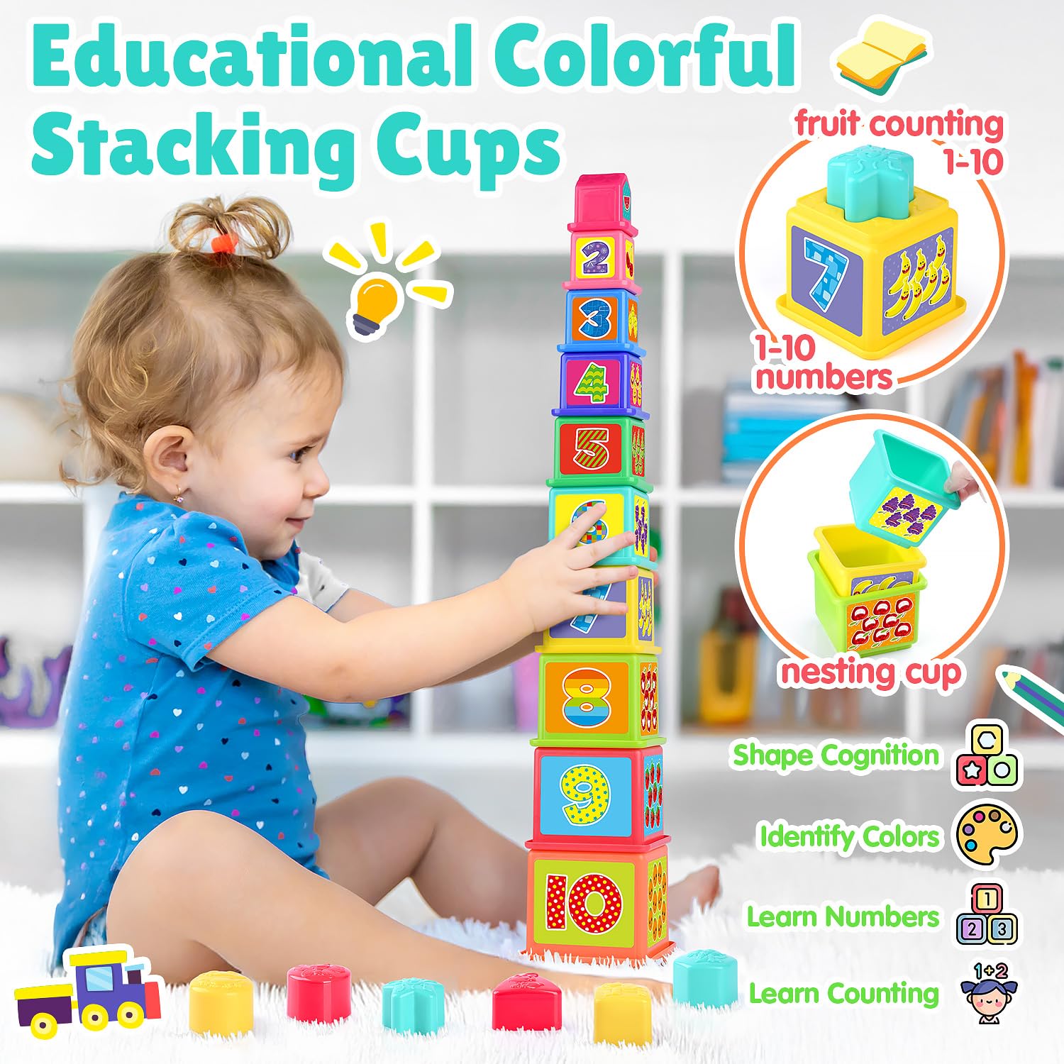 PLAY Pound a Ball Toy stacking cups focus encourages nesting and counting practice.