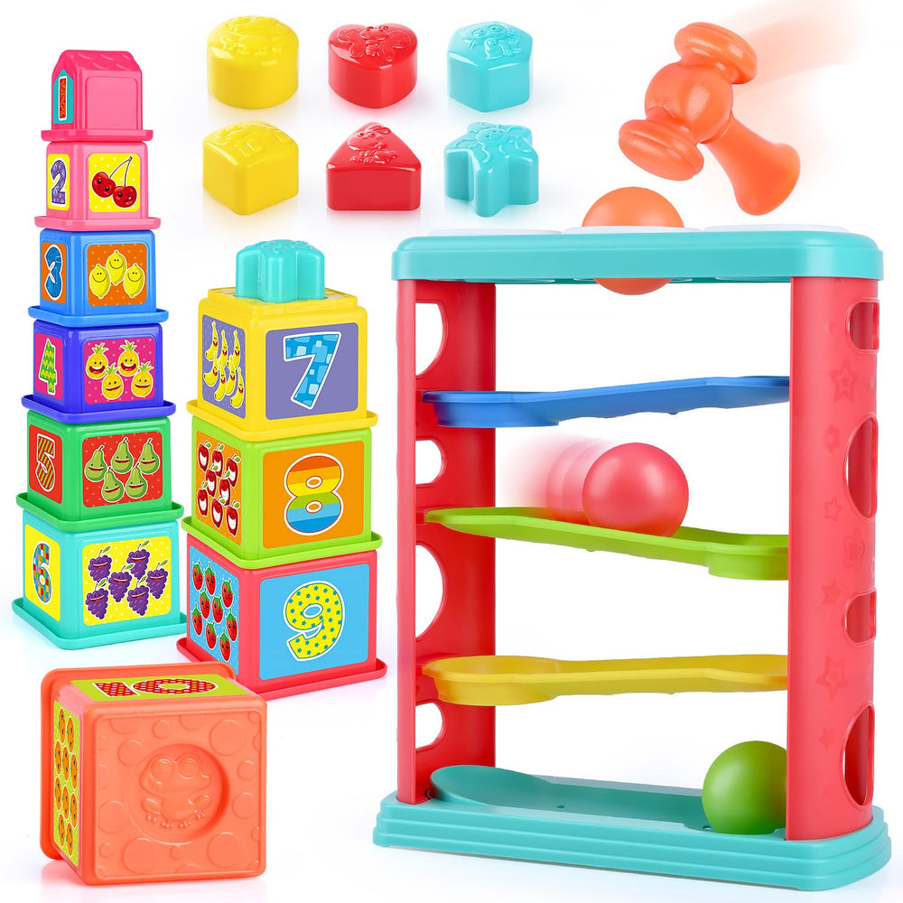 PLAY Pound a Ball Toy tower focus strengthens hand-eye coordination and cause-and-effect play.