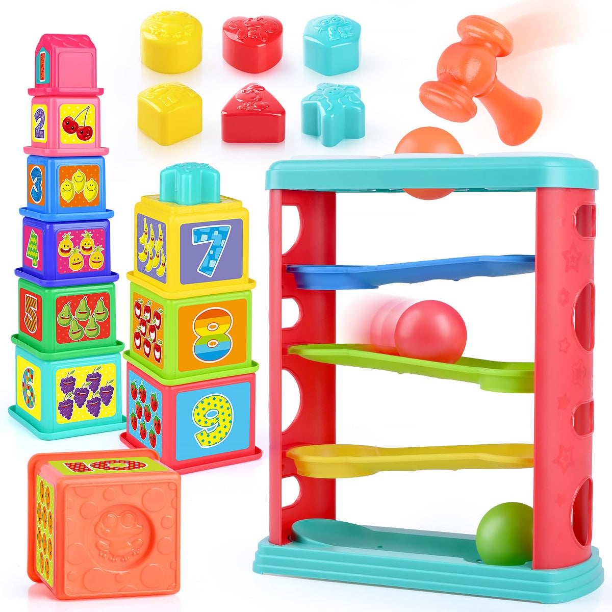 PLAY Pound a Ball Toy tower focus strengthens hand-eye coordination and cause-and-effect play.