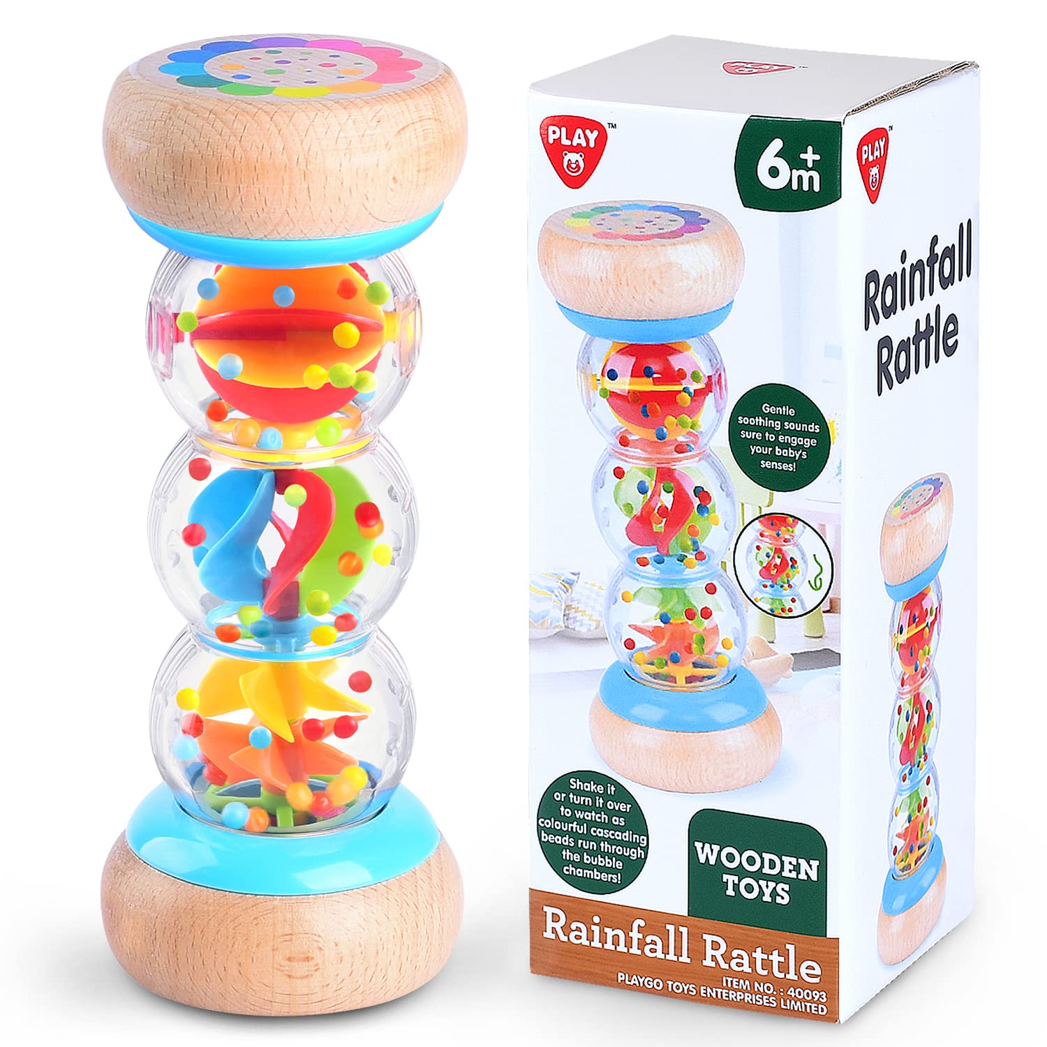 PLAY Rainmaker wooden rain stick closeup shows beads for early sensory exploration.