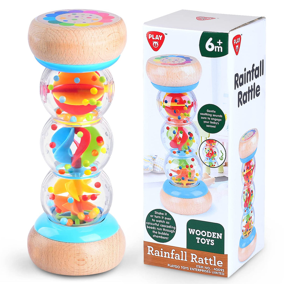 PLAY Rainmaker wooden rain stick closeup shows beads for early sensory exploration.