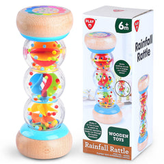 PLAY Rainmaker wooden rain stick closeup shows beads for early sensory exploration.