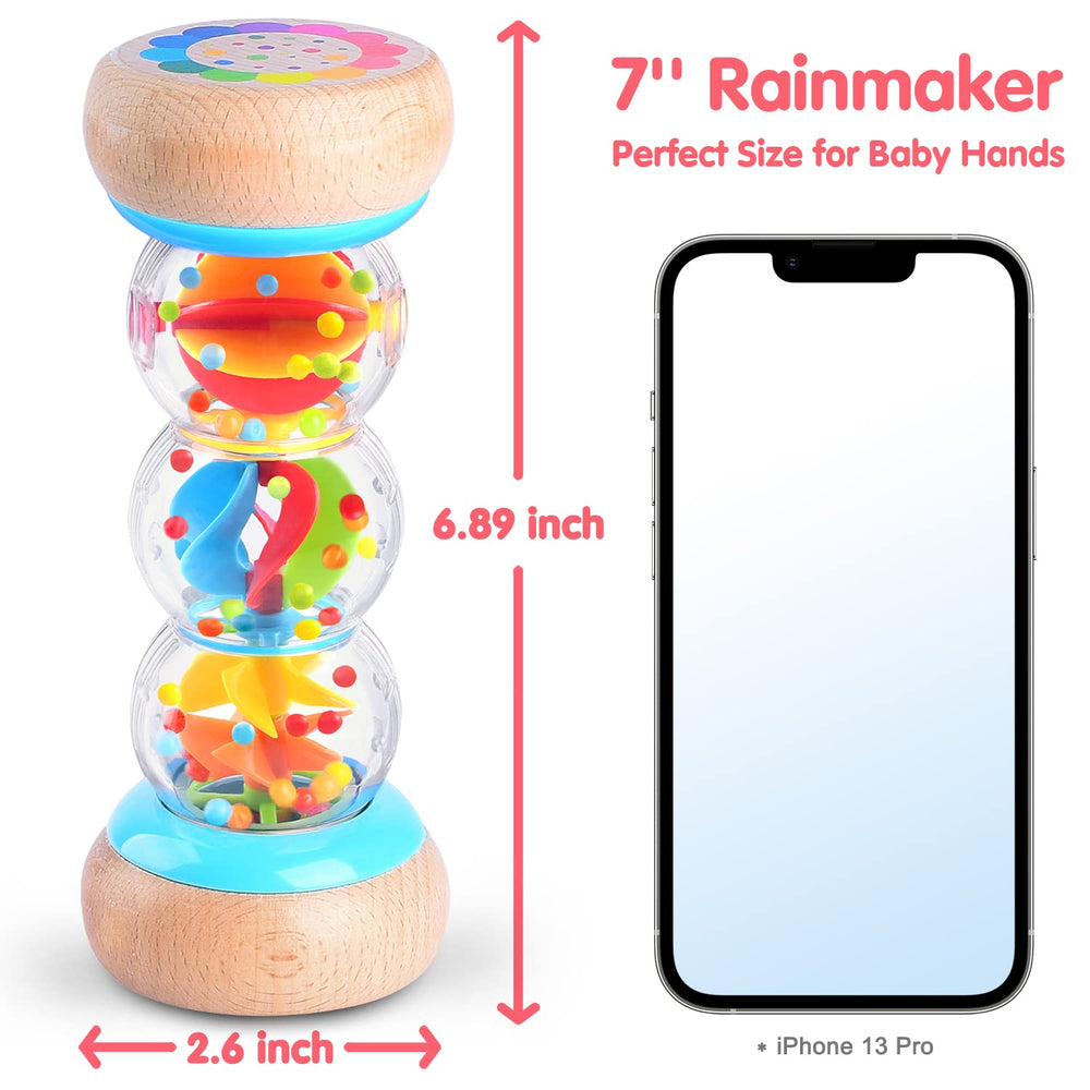 PLAY Rainmaker wooden rain stick demonstrates rolling action for cause-and-effect play.