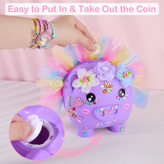 Play Tailor piggy bank on shelf adds colorful room decor and charm.