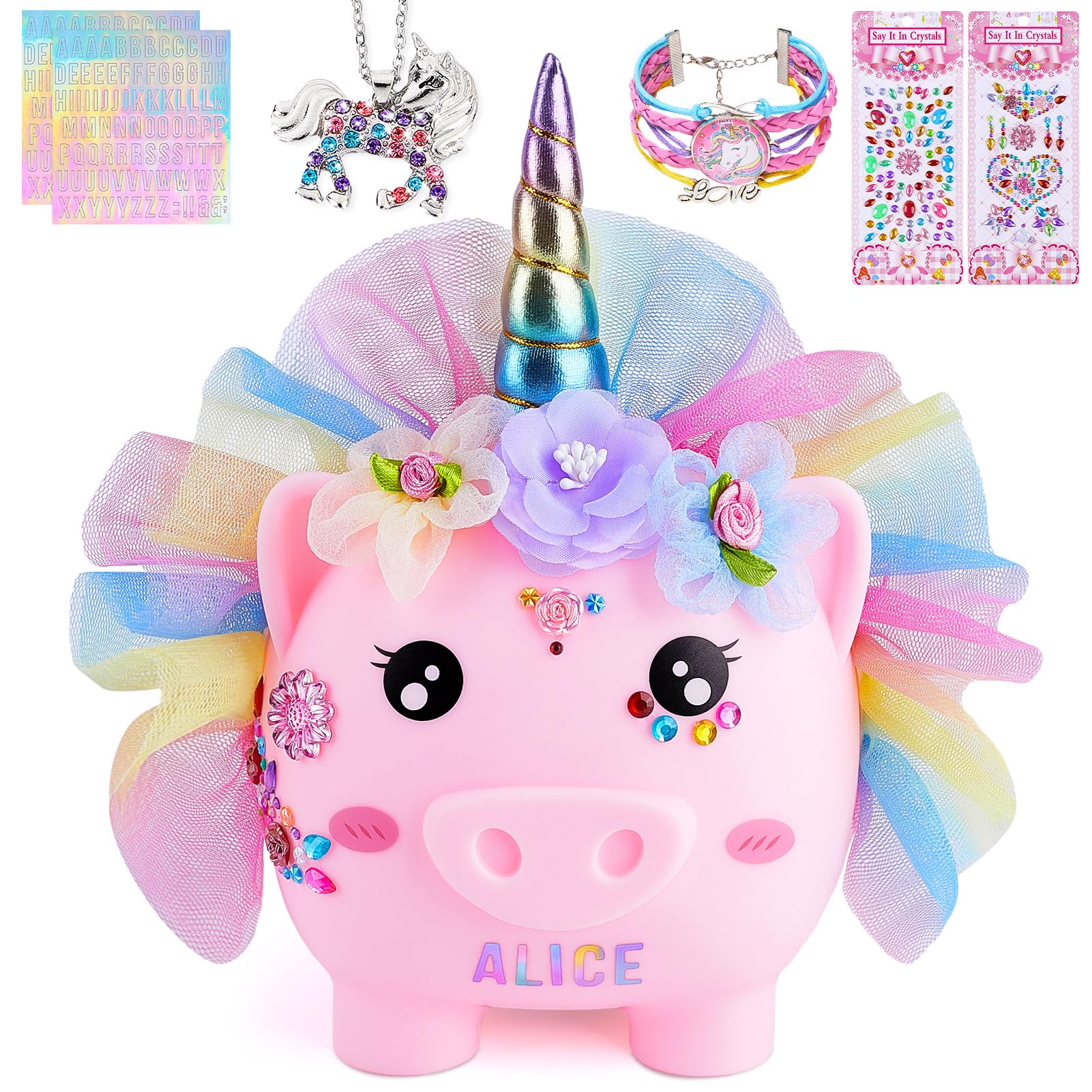 Play Tailor unicorn piggy bank with dress decorations for imaginative play.