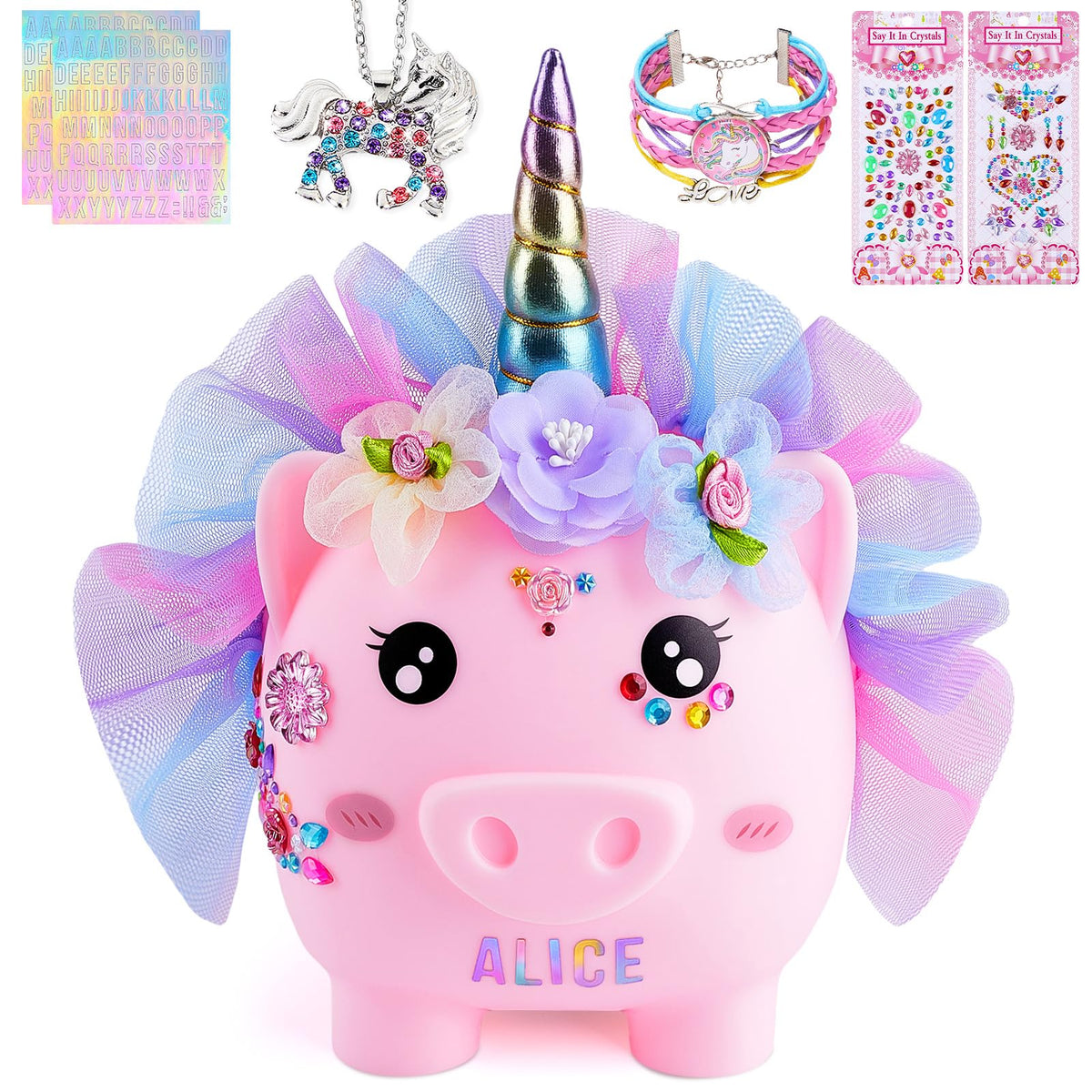 Play Tailor Unicorn Piggy Bank front view, a charming starter savings toy for kids