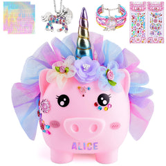 Play Tailor Unicorn Piggy Bank front view, a charming starter savings toy for kids
