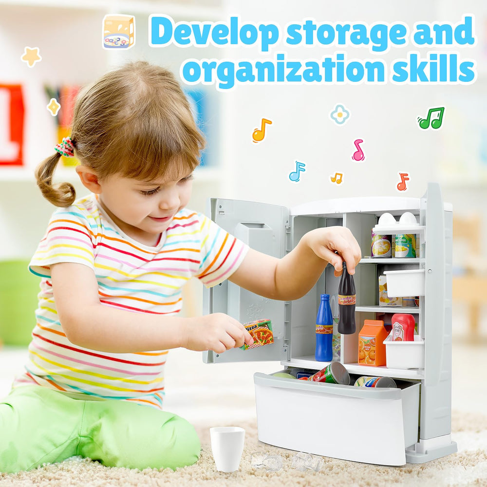 PLAY toy kitchen set includes egg rack and beverage bottles for creative play.