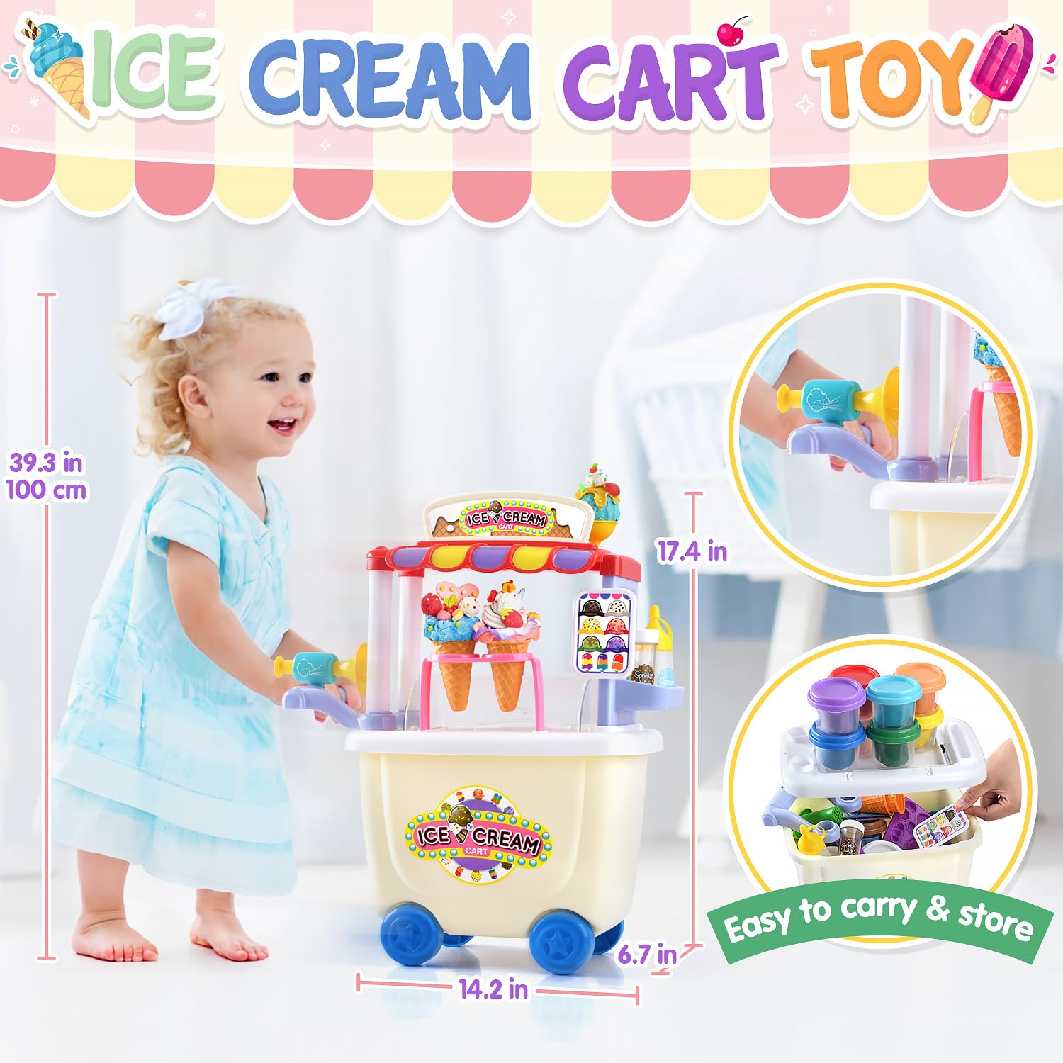 PLAY ice cream cart wheels enable smooth movement during pretend shop play.