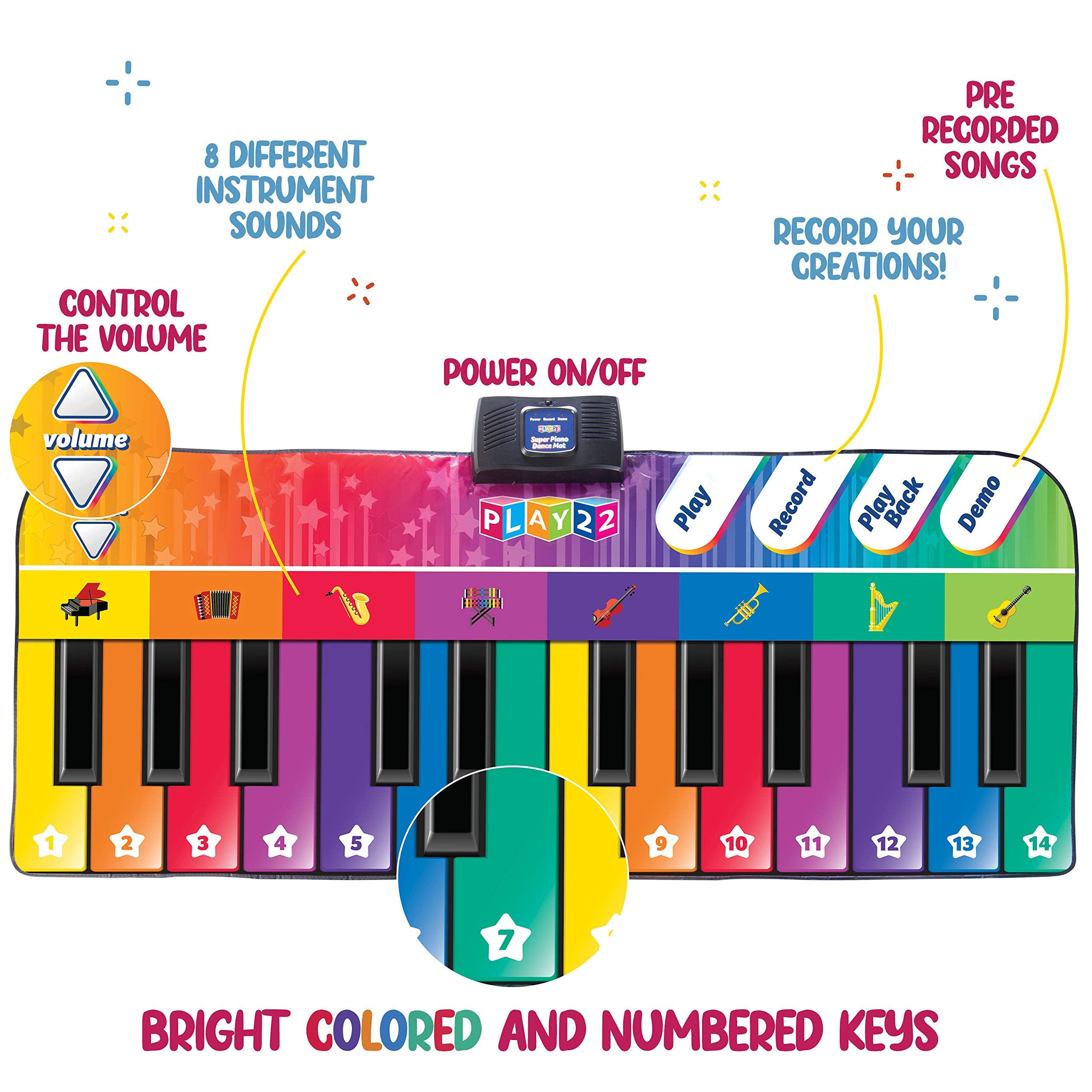 Play22 floor piano mat showcasing 8 instruments for imaginative play
