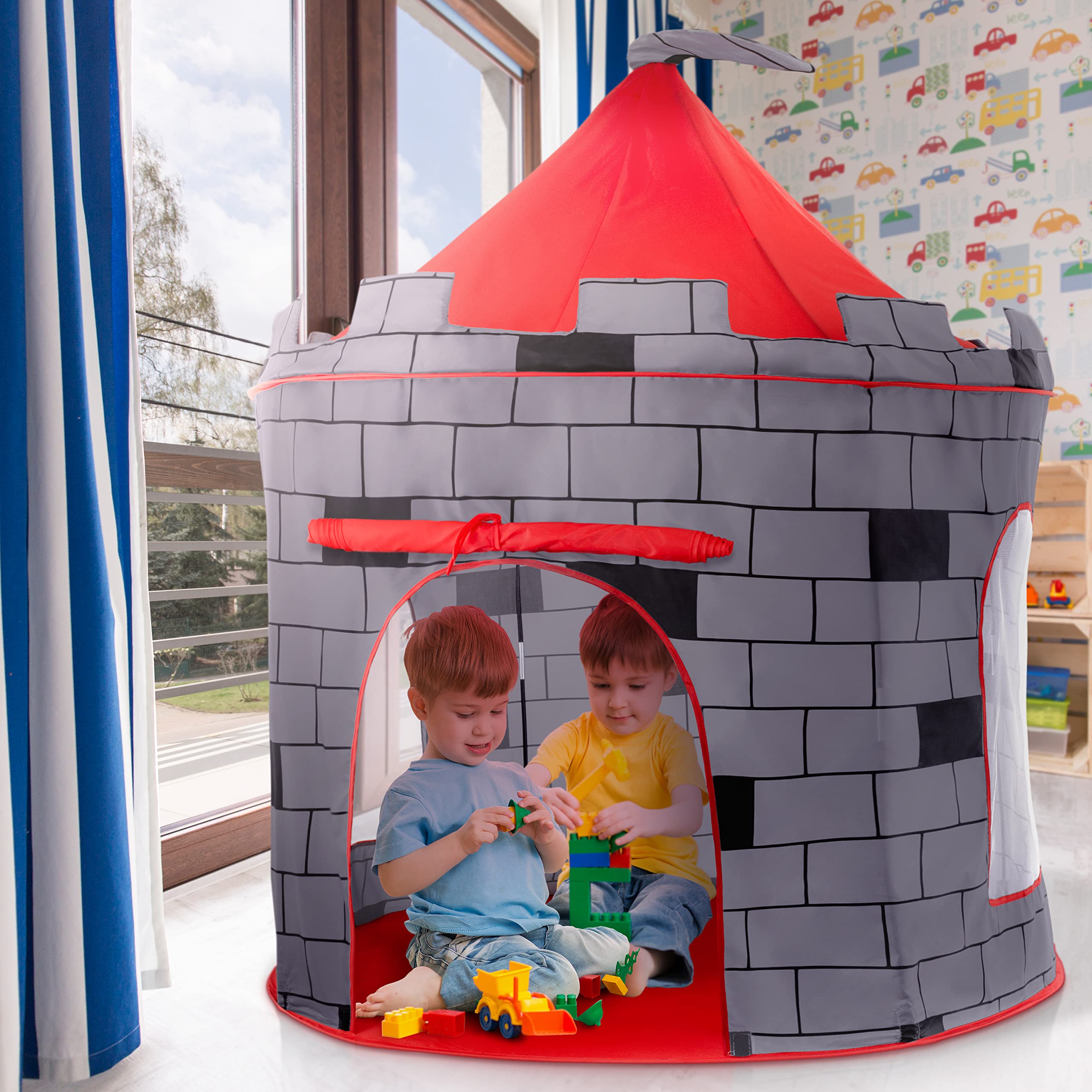 Play22 Knight Castle tent folds into a portable carrying case for storage
