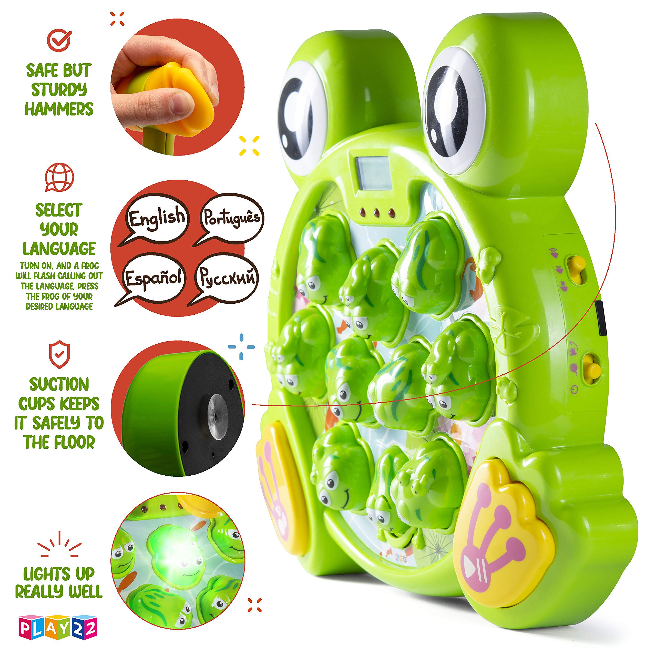 Play22 Whack A Frog Game multilingual prompts for inclusive play.