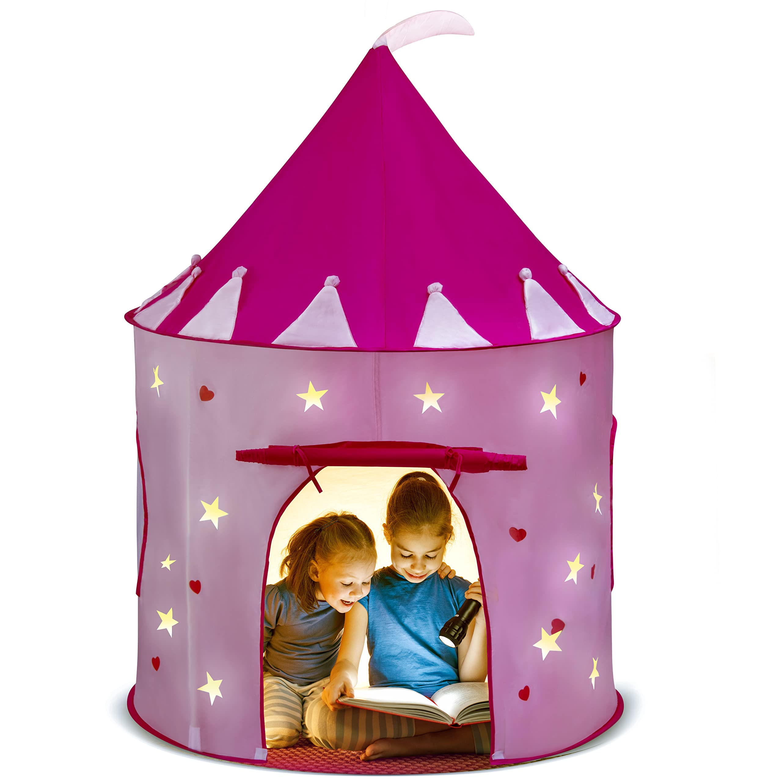 Front roll-up door offers easy access in Play22 Princess Castle Pink tent