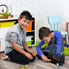 Play22 Toy Truck Carrier with doors open highlighting 14 car slots per side.