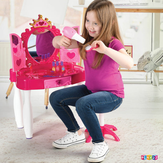 Play22 vanity stool provides comfortable pretend dressing sessions.