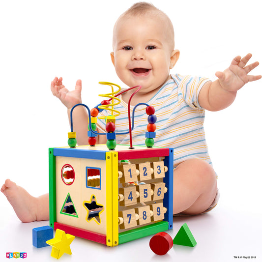 Play22 wooden activity cube side shape sorter helps color and shape recognition
