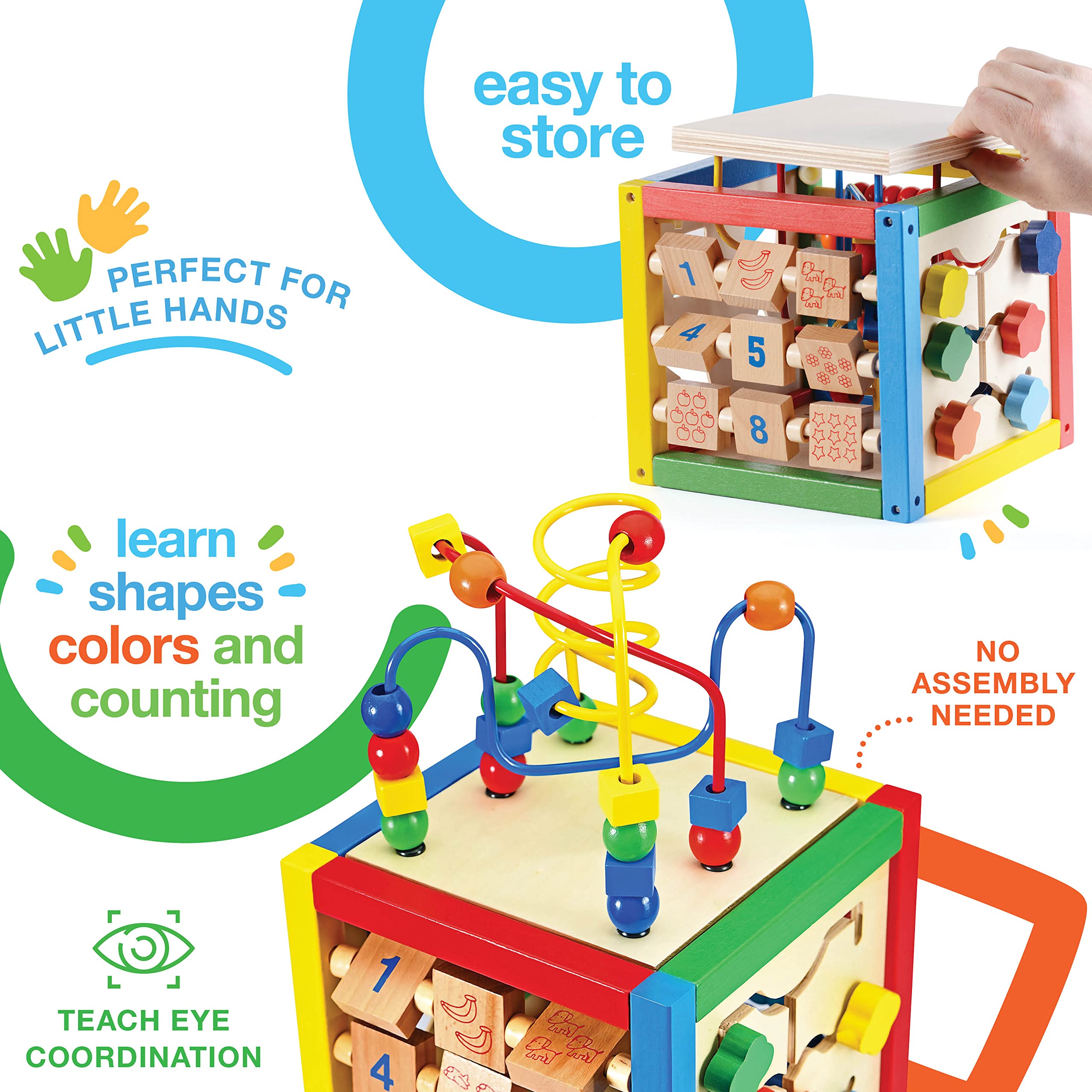 Play22 wooden activity cube sliding shapes encourages problem solving