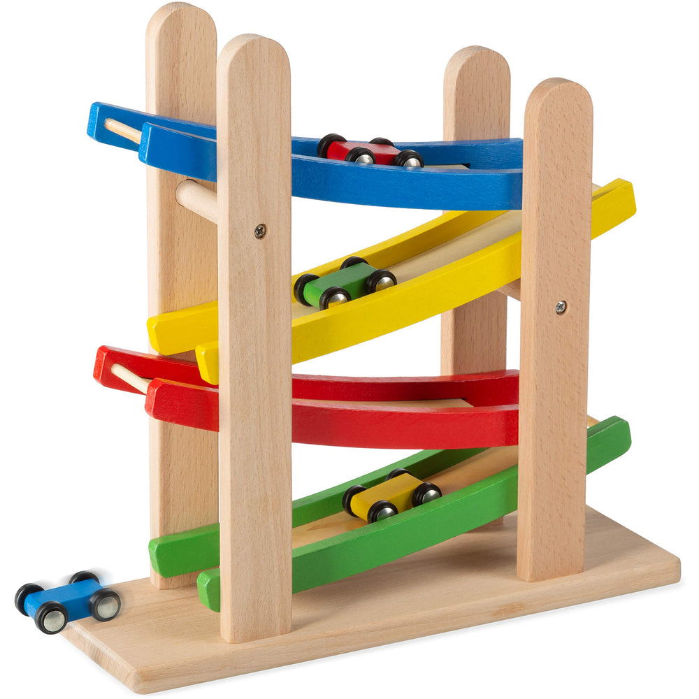 Play22 wooden car ramps four-level track top view for imaginative play