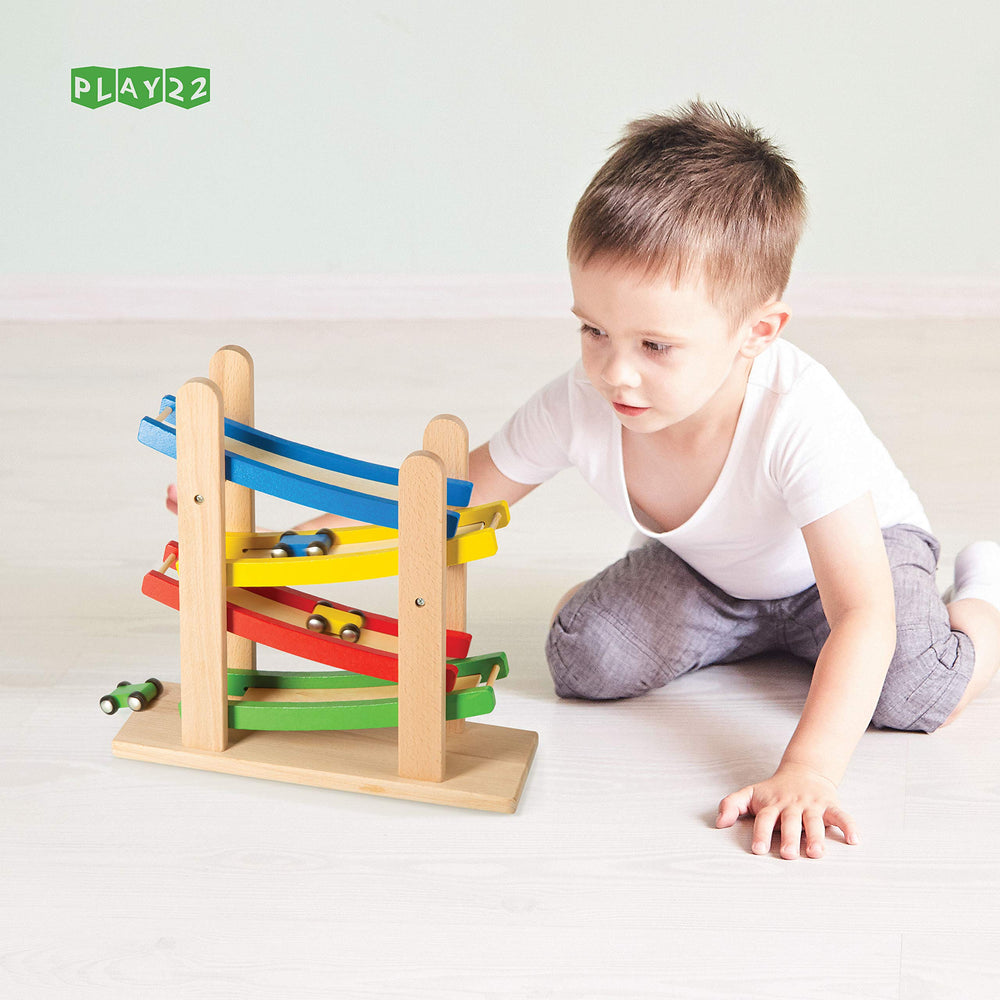 Play22 wooden cars four-pack close-up shows sturdy materials