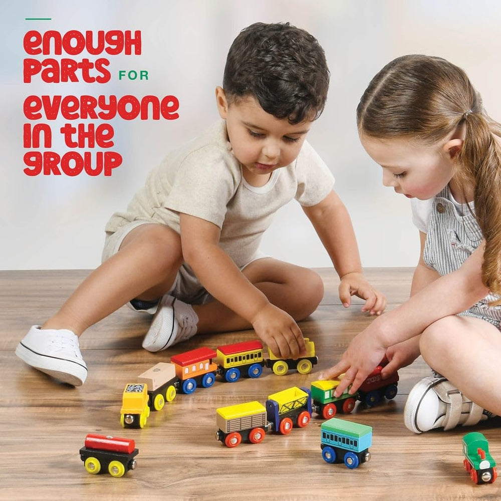 Play22 wooden train coaches feature bright colors to engage toddlers.