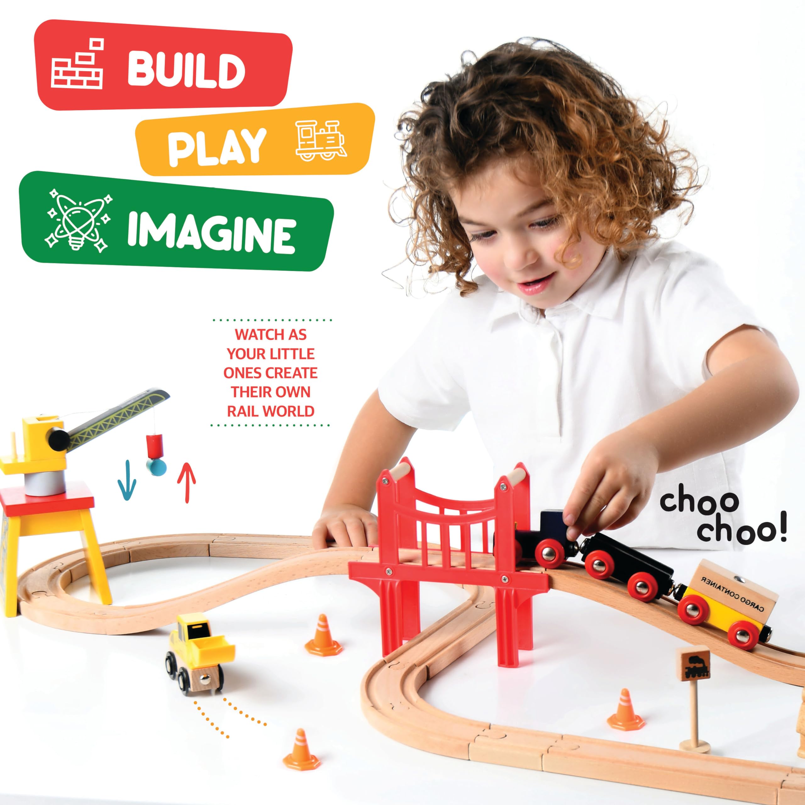 Play22 wooden train bridge feature highlights creative engineering and cooperative storytelling.