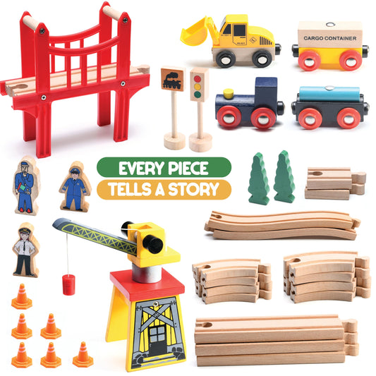 Play22 wooden train set crane in action, showcasing magnetic play and motor skills.