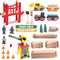 Play22 wooden train set crane in action, showcasing magnetic play and motor skills.