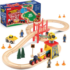 Play22 wooden train set tracks layout for toddlers, boosting imaginative construction play.