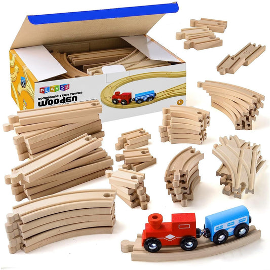 Play22 wooden train tracks set with 52 pieces for imaginative play.