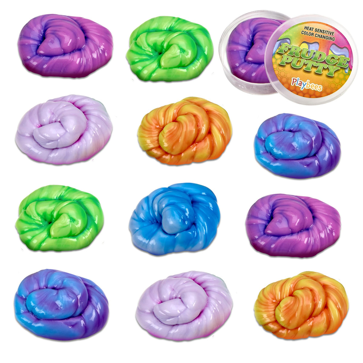 Playbees color-changing putty 12-pack cover image showing vibrant color shifts for sensory exploration.