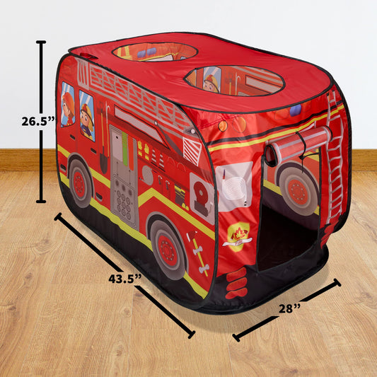 Playbees fire truck pop-up tent side view ideal for travel