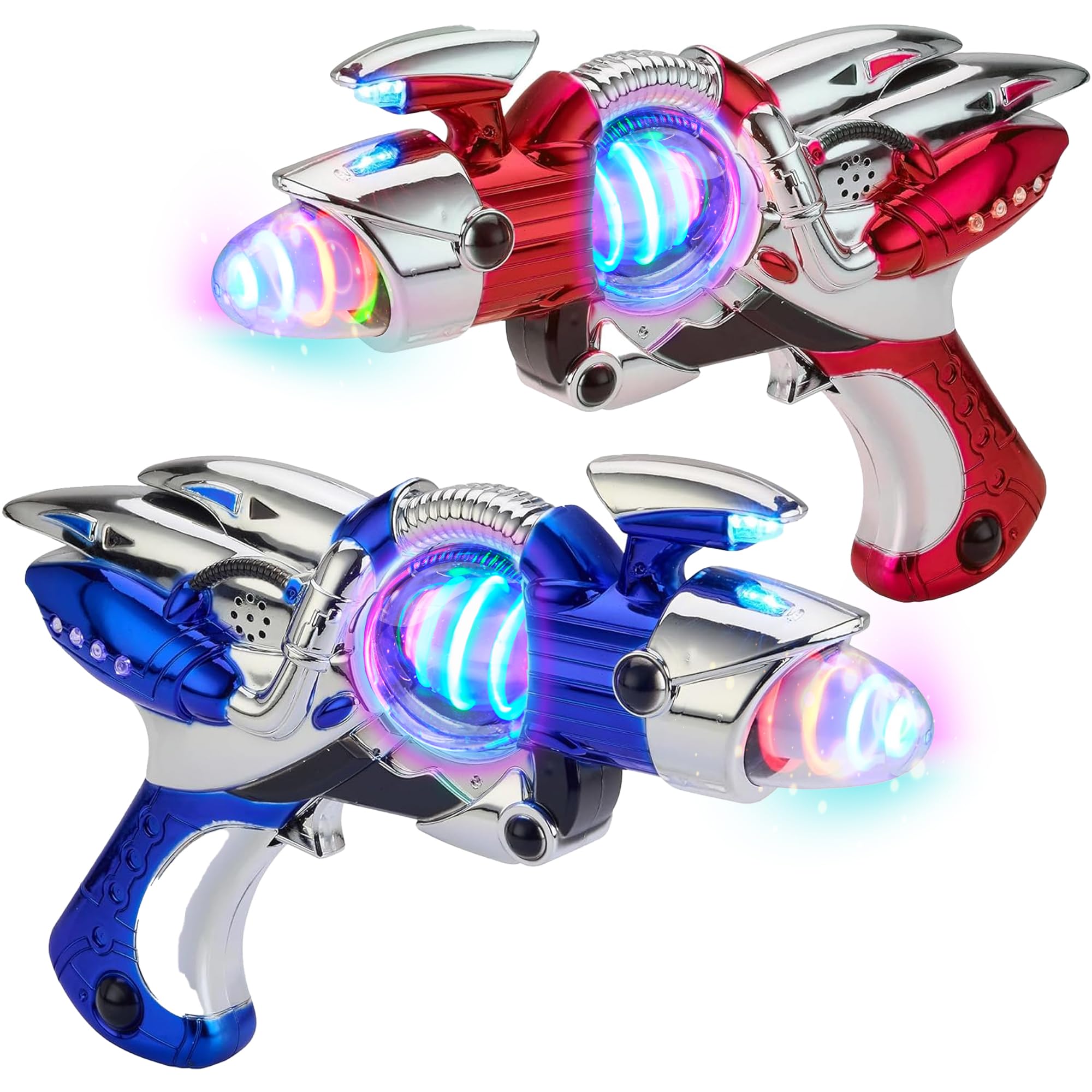Playbees light-up noise blaster red-blue 2-pack glows with multi-color LEDs for imaginative play.