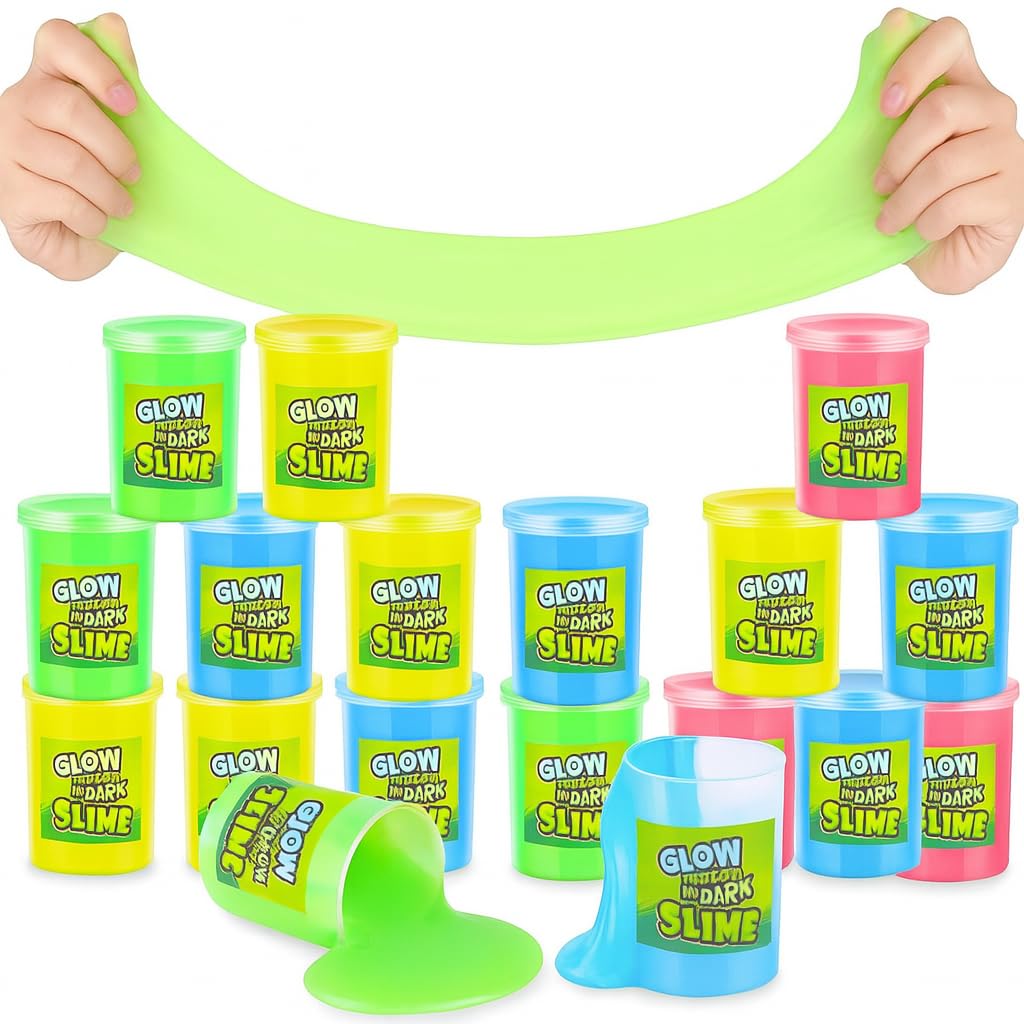 Playbees neon green glow slime in a 12-pack for glowing party favors and sensory play.