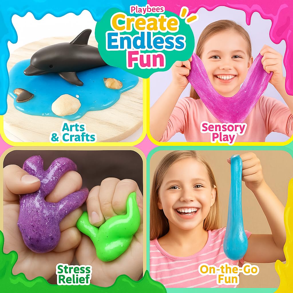 Playbees neon yellow glow slime shines under light for quick visual fun during activities.