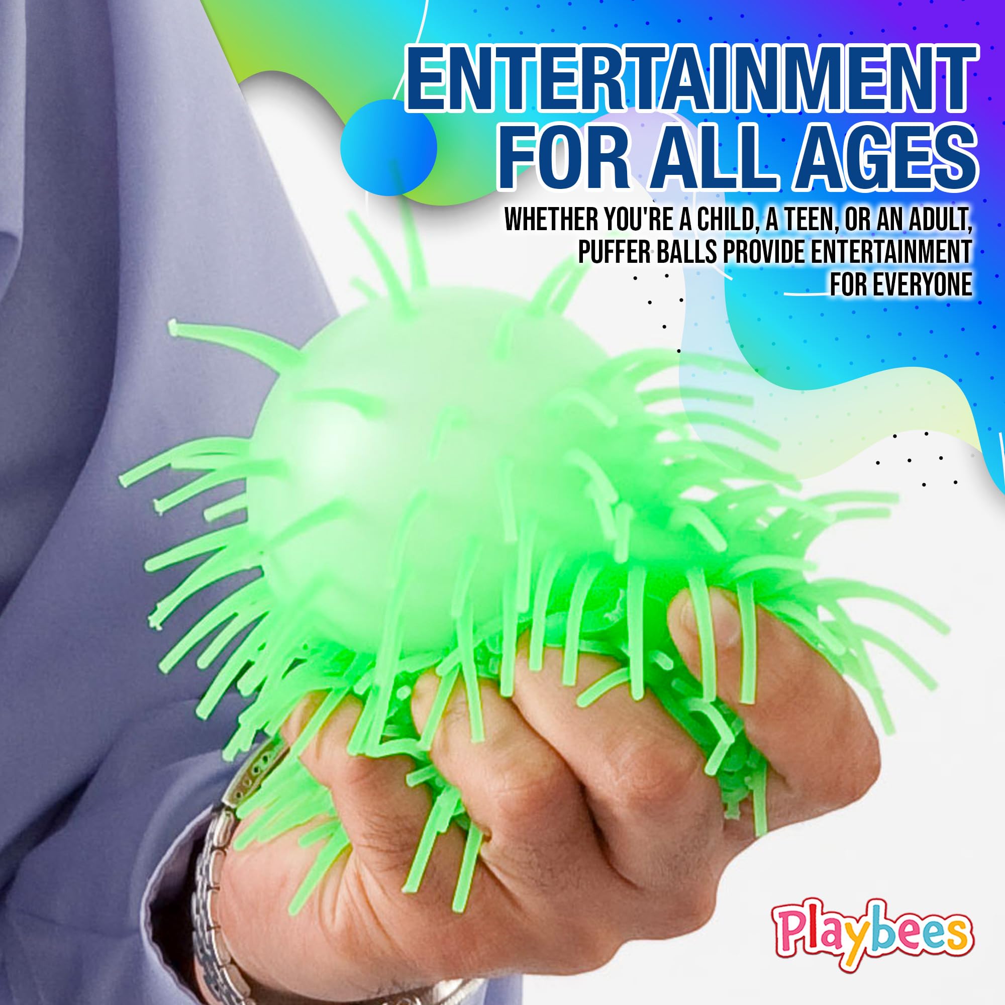 Party favors or gifts featuring Playbees puffer balls in vibrant colors.
