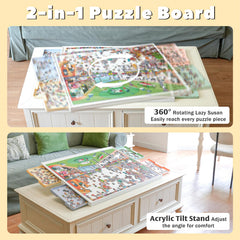 Playboda tilting puzzle board in use, reducing neck and back strain during long sessions.