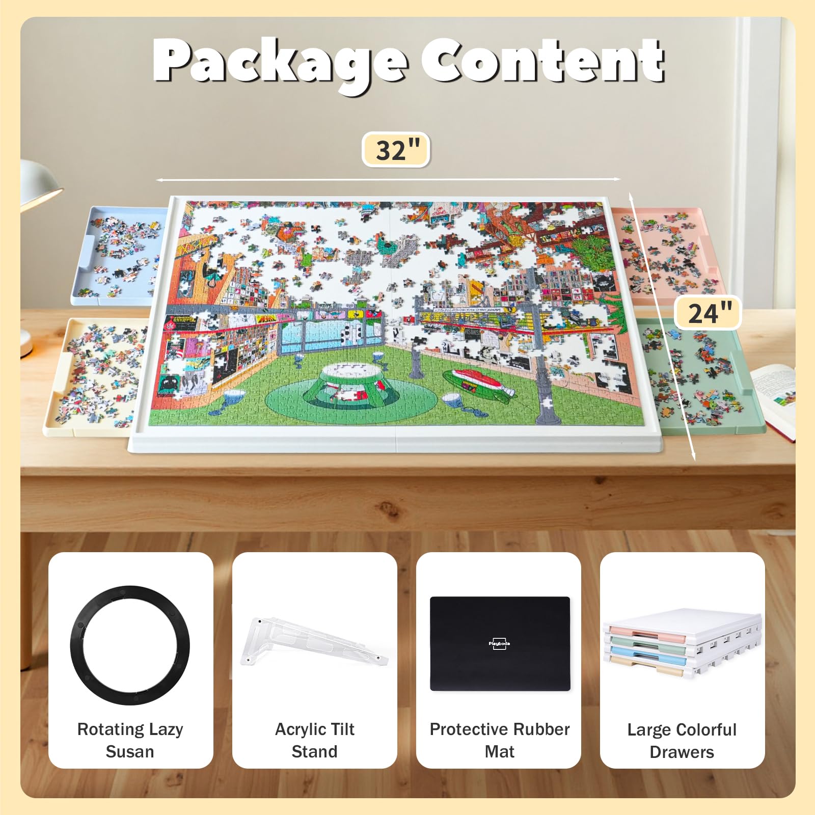 Playboda warm-white puzzle surface enhances color contrast for 1500-piece layouts.