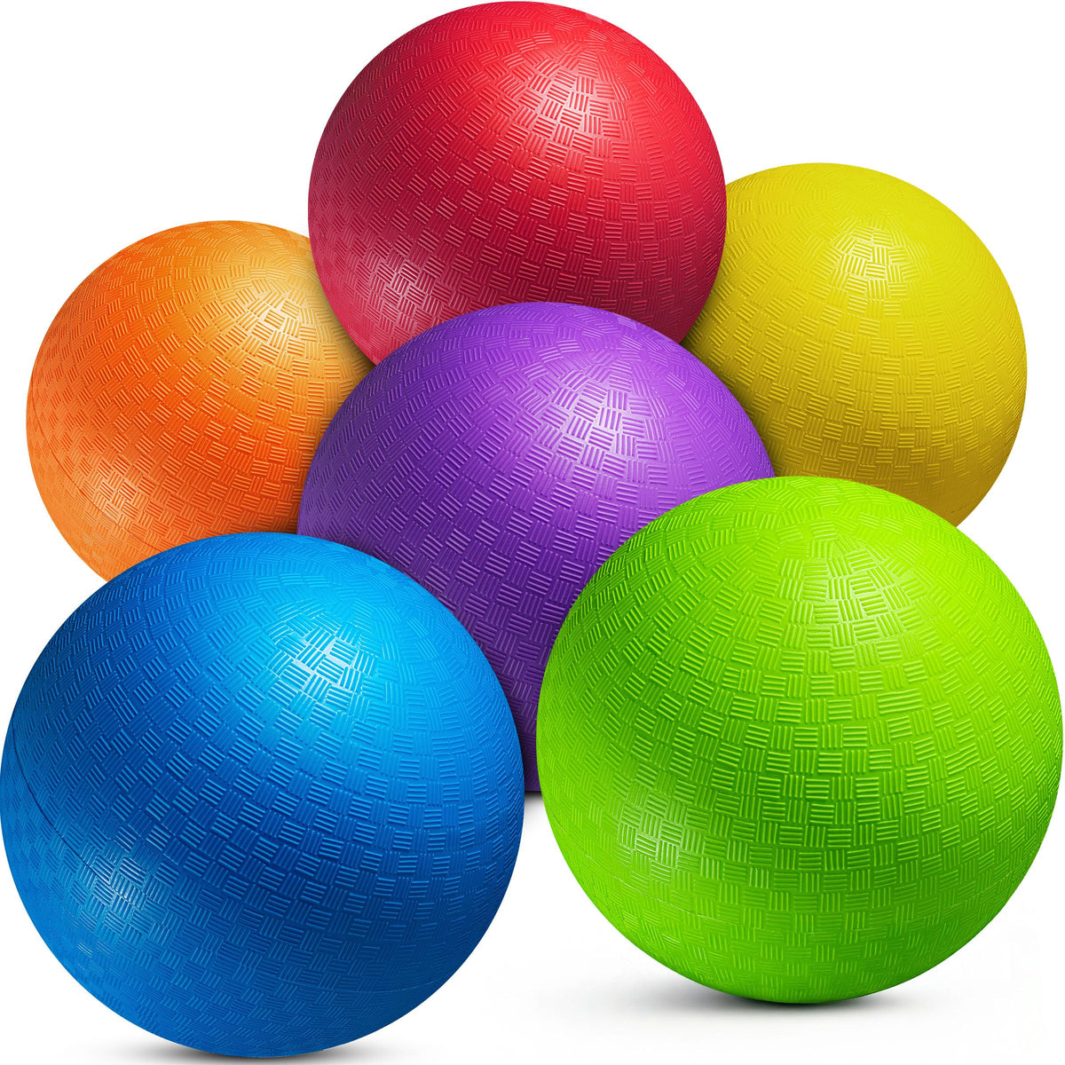 PlayBolt 7-inch playground balls in six bright colors, ideal for classroom games.