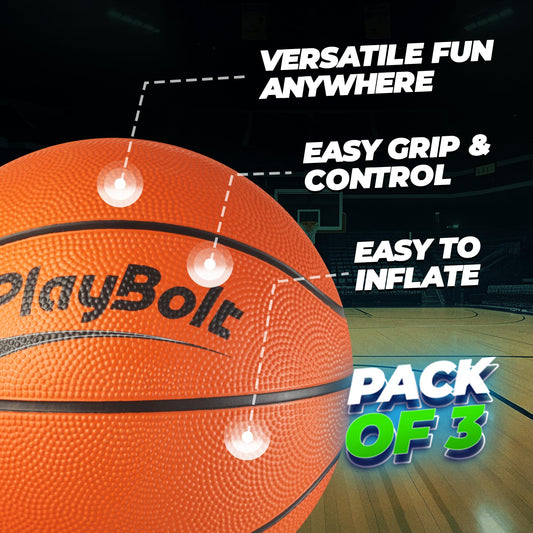 PlayBolt hand pump with mini basketballs for quick inflation and setup.
