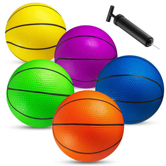 PlayBolt five colorful mini basketballs for kid-friendly grip and engaging indoor play.