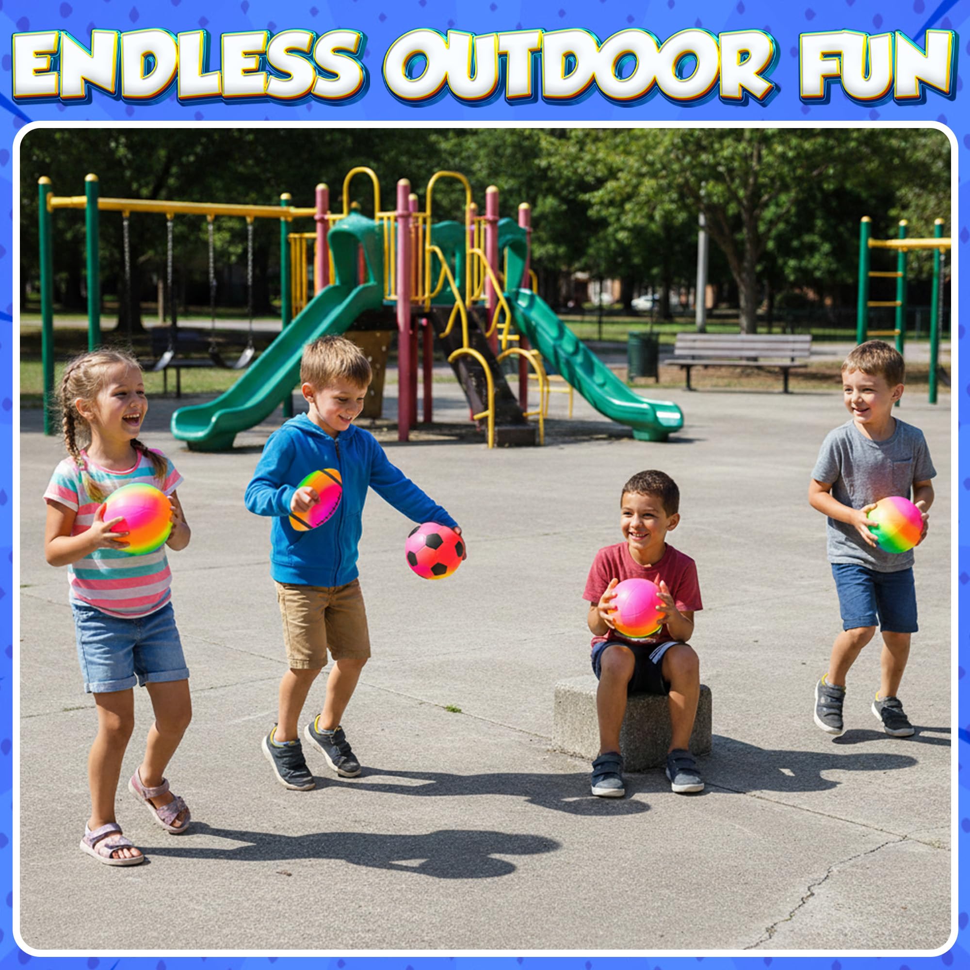 PlayBolt hand pump included for quick on-site inflation of rainbow balls.
